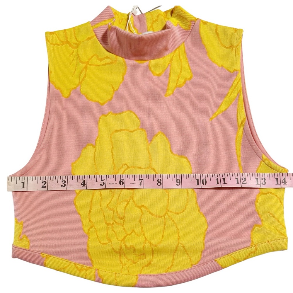 Zara NWT Floral Jacquard Mock Neck Crop Top in Peach Pink/Yellow Size Small - Picture 9 of 13